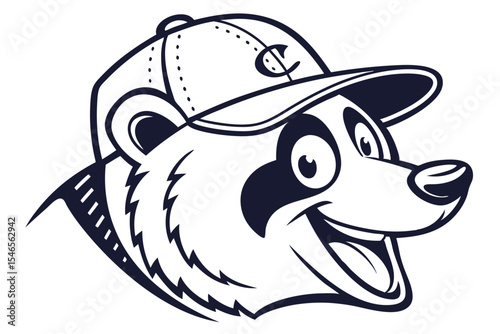 Illustrated bear mascot head with baseball cap showcases a spirited element