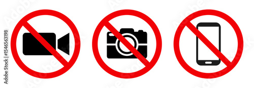 No photography, no video, do not use the phone, red sign symbol prohibition. Warning red round sign, prohibited symbol