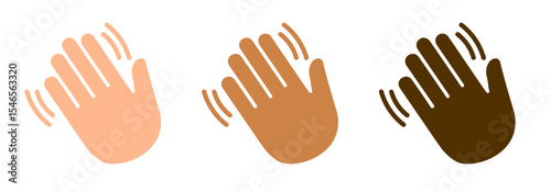 Waving hand icons set in various skin tones, emoji greeting, paying attention
