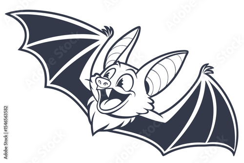 Cheerful cartoon bat spreads his dark wings and shows his teeth with glee