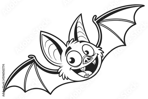 Cartoon bat soars joyfully, presenting a cheerful smile and expansive wings in monochrome