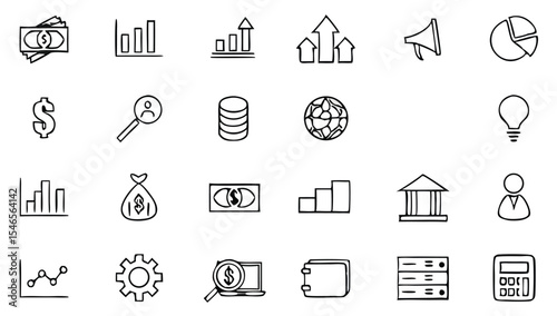 Finance and Economy icon set. Money and Finance Related Line Vector Icon Set. Editable Stroke. Banking, Loan, Money, Investment, Mortgage. Vector isolated flat vector illustration on white background.