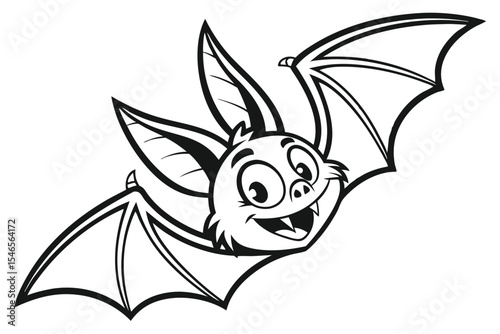Happy cartoon bat with open wings smiles broadly showing fangs in black and white
