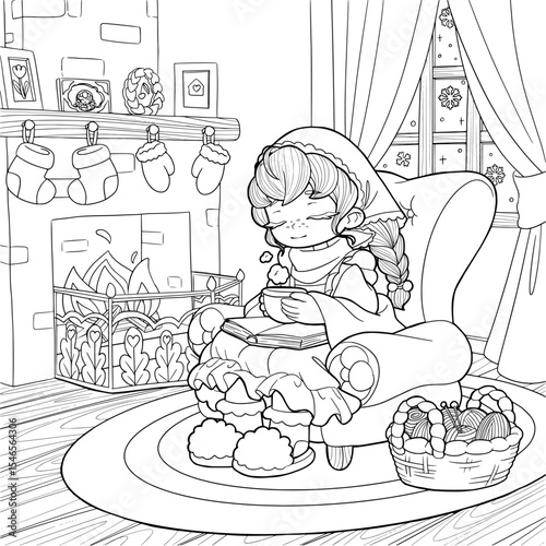 Cottagecore Winter Girl by fireplace. Vector Coloring Page