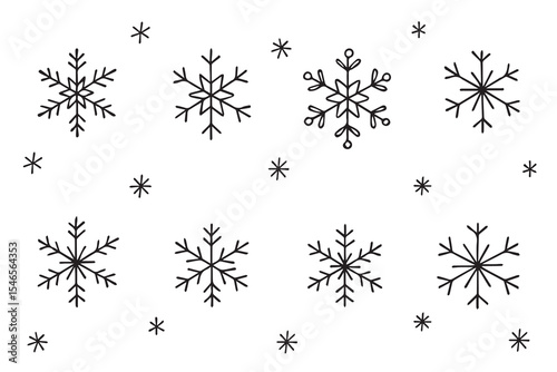 Collection of snowflakes, in doodle style. Snow illustration, icy organic shapes. Design for Christmas banner, postcard. New Year ornament.