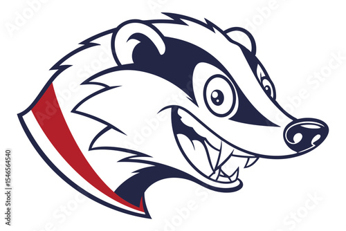 Navy and red accented badger head shows teeth in an expressive mascot style