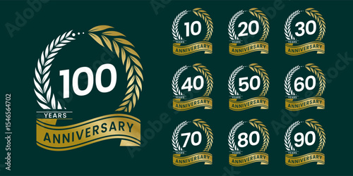 Set of vector icon or logo designs for 10th to 100th anniversary with laurel wreath, in gold color for celebrations, weddings and birthdays