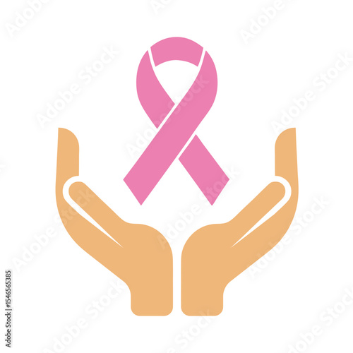 Pink Ribbon Breast Cancer Awareness Symbol Held in Two Beige Hands Support Care Hope