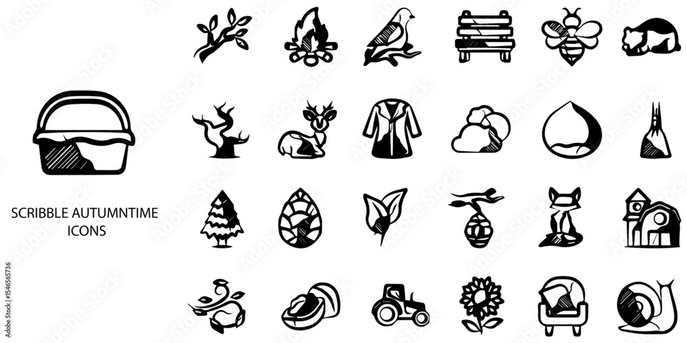 Fototapeta premium Scribble Autumntime simple concept 24 hand drawn Black and White icons set .Vector illustration. 