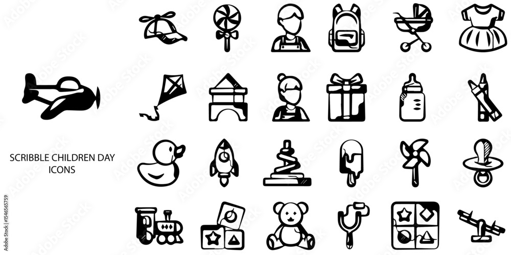 Fototapeta premium Scribble Children Day simple concept 24 hand drawn Black and White icons set .Vector illustration. 