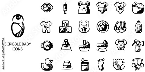 Scribble Baby simple concept 24 hand drawn Black and White color icons set .Vector illustration.