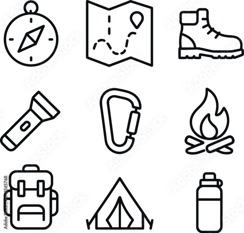 Hiking gear icon Set. Line icons set. Vector outline symbols