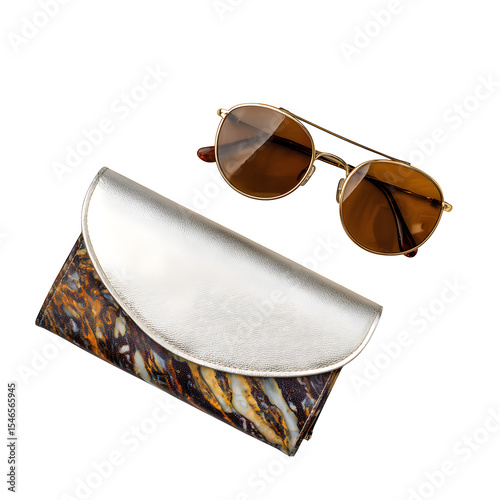 A pair of sunglasses and a stylish clutch bag placed on a marble countertop, isolated on a white background.