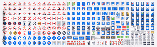 Traffic signs. International road signs set isolated on white background. Priority, warning, prohibition, mandatory, information, service and supplementary signs. Vector illustration. All main signs.