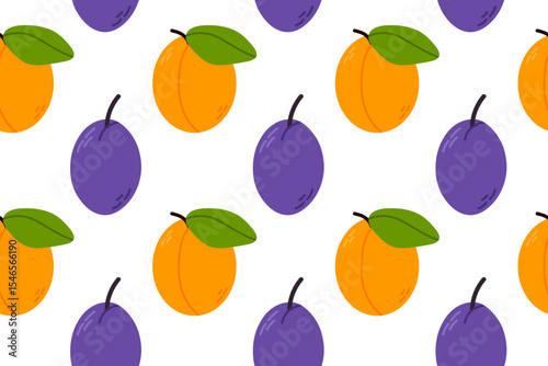 Seamless pattern with apricots and plums in vibrant colors. Ideal for healthy food design, branding, and seasonal packaging