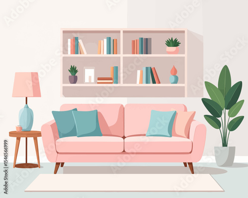 Flat Vector Illustration of Minimalist Pastel Living Room Interior with Sofa and Bookshelf  in Minimalist Pastel Style