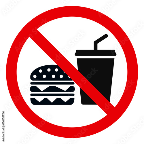 No food and drink, red sign symbol prohibition. Food is prohibited.  Warning red round sign