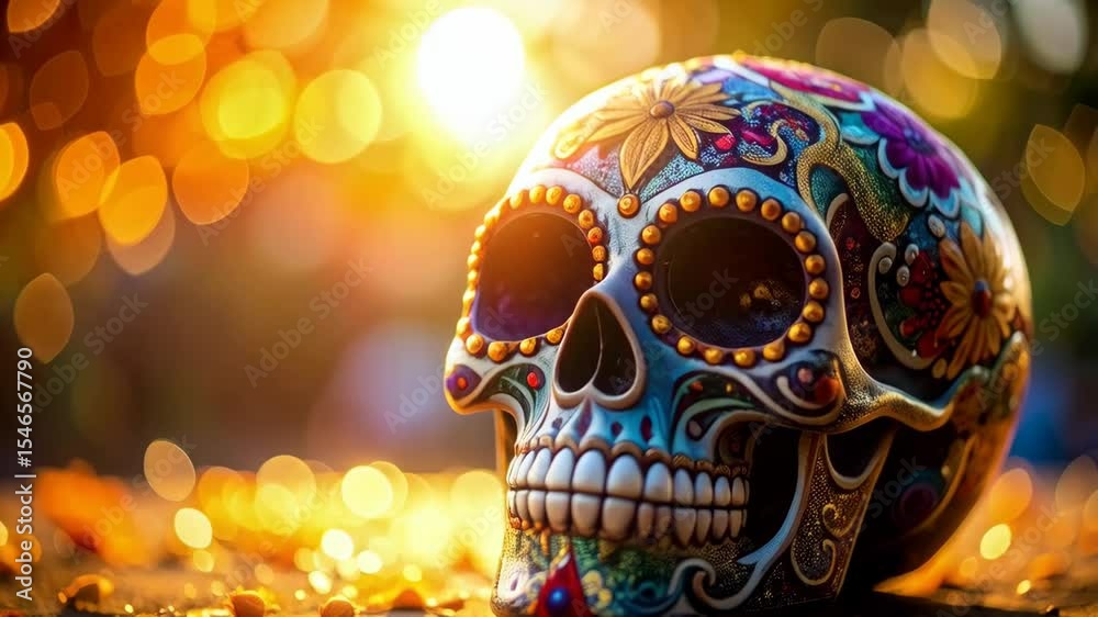 Intricate sugar skull with vibrant floral decorations set against a bokeh background for day of the dead remembrance.