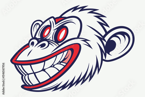 Cartoon monkey head fiercely bares teeth with exaggerated features and a bold color scheme