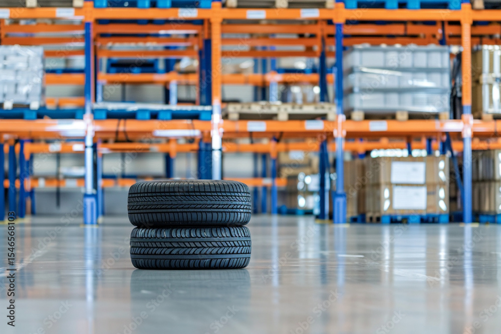 Naklejka premium New tire is placed on the tire storage rack on warehouse