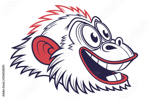 White cartoon monkey with red accents smiles showing teeth and wearing funny glasses