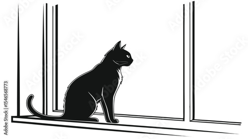 Black Cat Silhouette Sitting on Windowsill vector