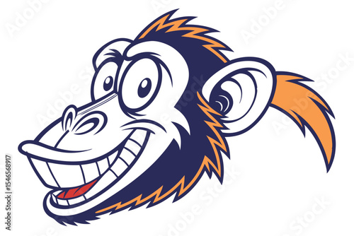 Cartoon ape grinning broadly exhibits white teeth and orange highlights on its sharp hair