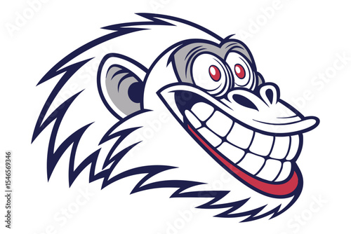 White cartoon gorilla grinning widely, showing his large teeth, with red eyes