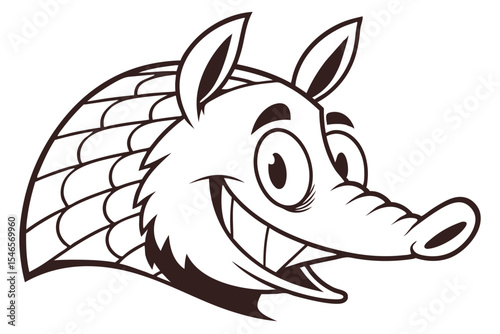 Cartoon armadillo head smiles broadly, showcasing playful character and simple monochrome illustration easily edited