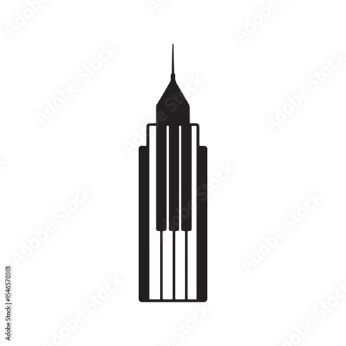 A black and white minimalist design featuring a building with piano keys as window panes and a spire on top