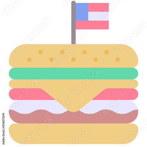 Hamburger With Cheese Lettuce And Tomato.  Cheeseburger With USA Flag As American Food Symbol, Fourth Of July Icon,  Vector Style Flat Icon.