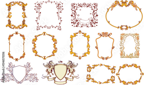 Elegant vintage frame set. Baroque, rococo, heraldic, and gothic ornament borders. Royal floral scroll borders and decorative labels. Ideal for invitations, labels, certificates, heraldic emblem, logo