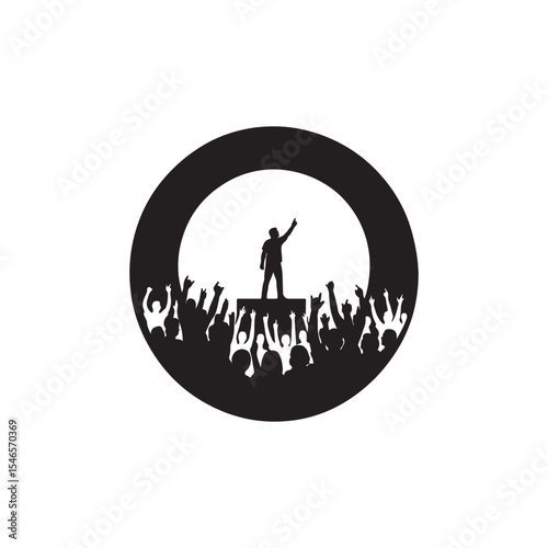 Silhouette of a person on a stage with a crowd in a black circle on a white background design