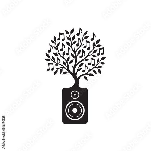 A black and white graphic of a tree with music notes for leaves growing out of a speaker box