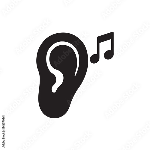 An illustration of a black ear with a musical note next to it on a white isolated background
