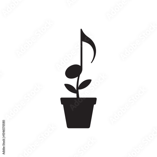 A black and white illustration of a music note growing out of a plant pot on a white background