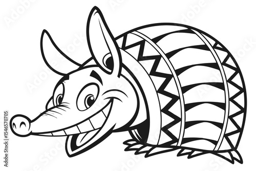 Happy cartoon armadillo shows its teeth with distinctive shell and prominent ears in vector