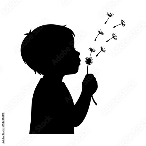 Vector art of a child blowing dandelion seeds is isolated on white background