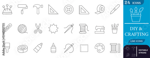 Minimalist line icon set for DIY and crafting projects, featuring tools like glue, needle, yarn, scissors, and sewing machine. Ideal for hobby, handmade, and design apps.
