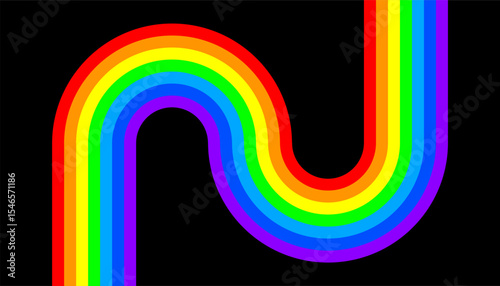 Abstract color line rainbow shapes on black background. Fun rainbow colored wavy ribbons. 3D wave squiggle shape