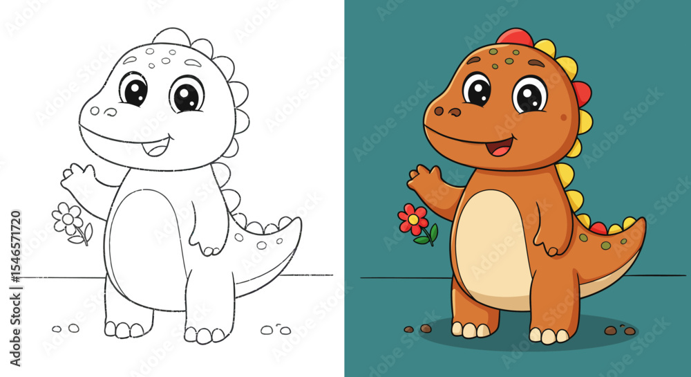 Obraz premium Easy Cute Dinosaur Cartoon Coloring Book Page For Kids