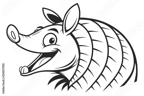 Black and white armadillo smiles, showing its teeth on a solid backdrop
