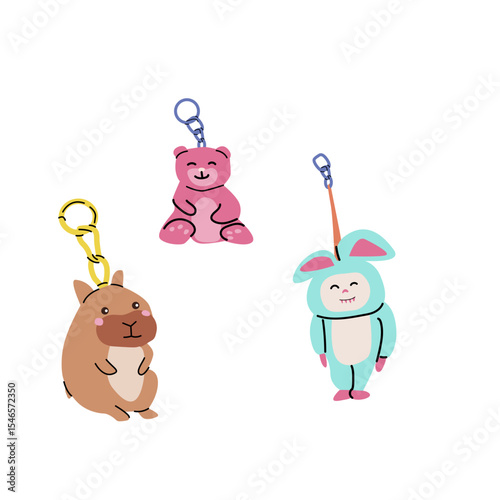Cute cartoon animal keychains featuring bear, monster, and hamster characters for school supplies and accessories. keychains and keyrings. Decorative key holder with kawaii animals