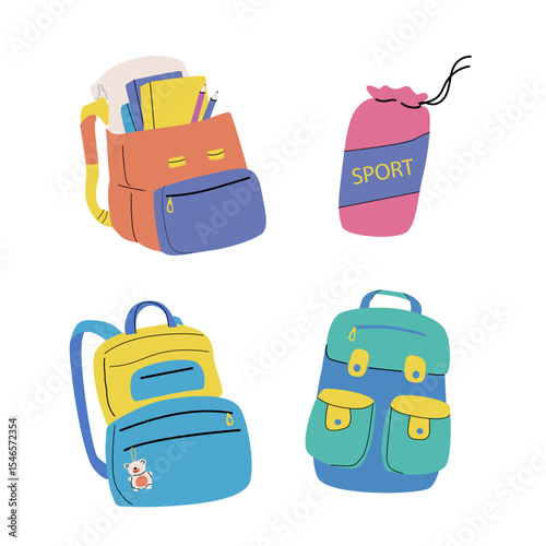 Colorful school supplies collection featuring backpacks and pencil case for students. Set of school vector backpacks with school supplies. Children briefcases for carrying school supplies