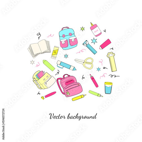 Colorful school supplies with backpacks and stationery for educational design.