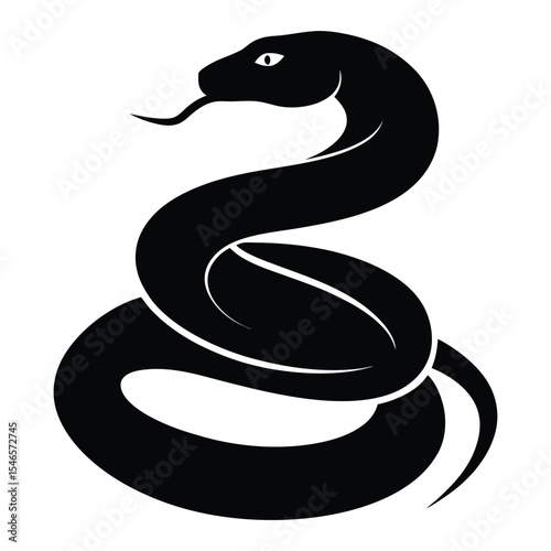 Coiled Snake Silhouette with Raised Head and Line Scales Vector on White Background.