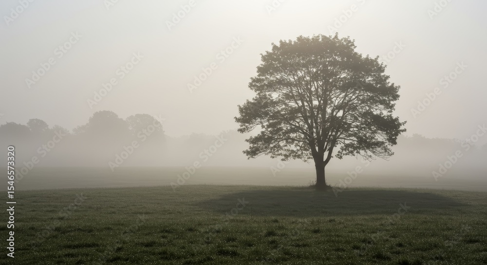 Obraz premium Solitary Tree Silhouette on a Grassy Hill in Dense Fog Landscape
