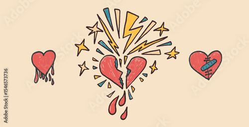 Broken hearts crayon drawn set. Breakup marker doodles isolated on white background. Love naive hand drawn painting elements. Vector heartbreak by pencil illustration.