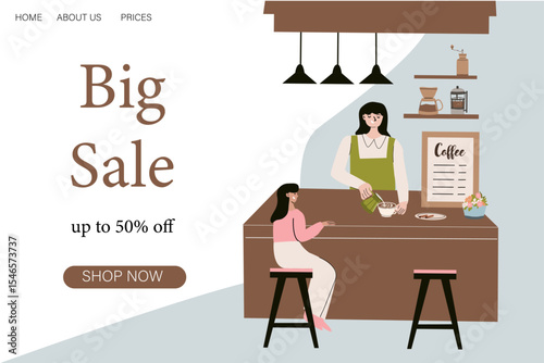 Modern coffee shop promotion with big sale and discount offer.