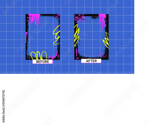 Before and after y2k template. Graffiti frames for photo comparison. Competition layout borders with grunge vibrant paint decoration. Empty vs challenge concept. Vector background illustration.
